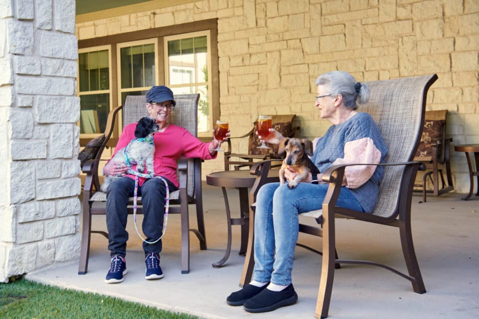 friends having some tea on the back porch with their dogs in their laps